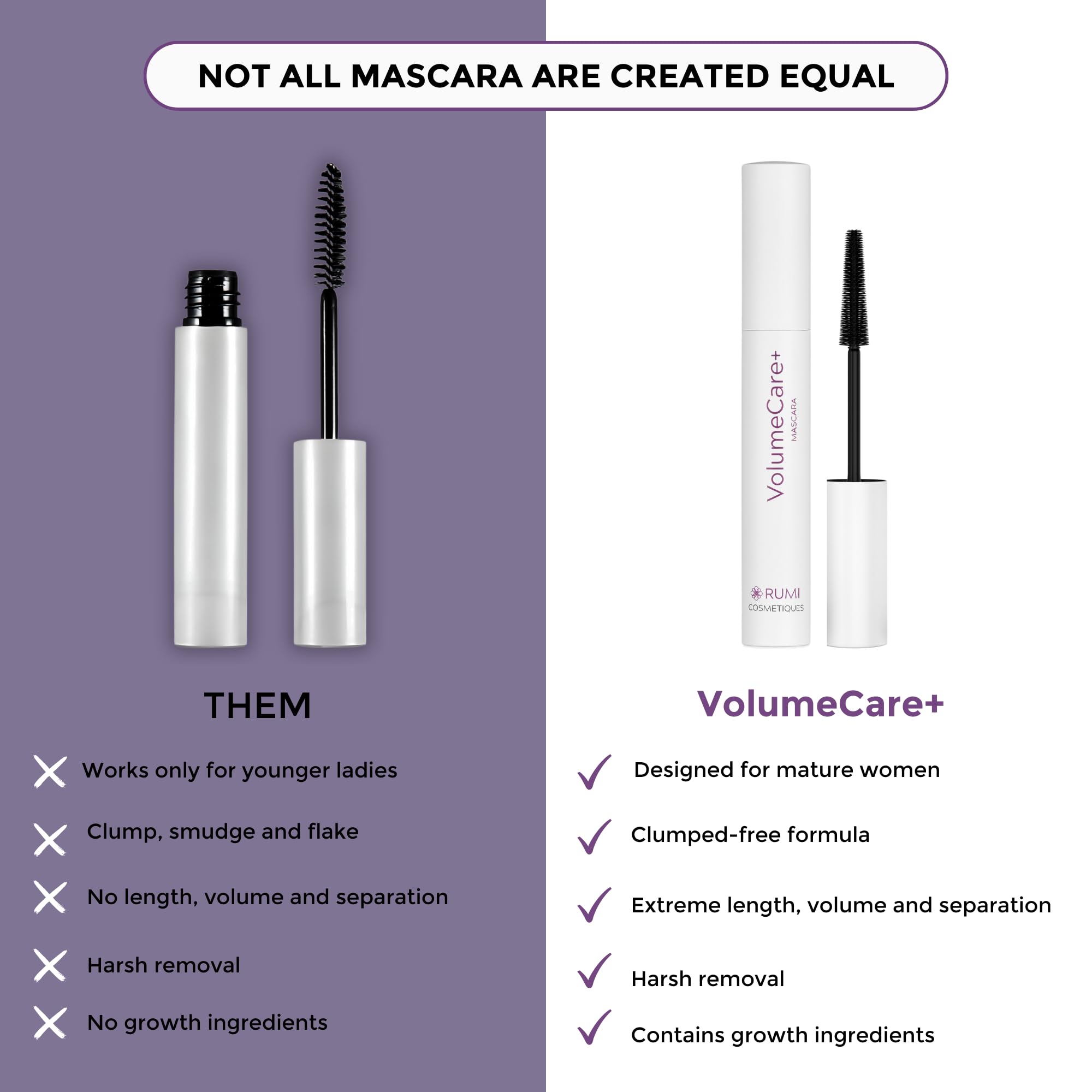 Rumi Cosmetiques VolumeCare+ Mascara For Older Women - Extreme Length and Volume 2-in-1 Formula - No Clumps, Long-Wearing, Hypoallergenic Mascara For Sensitive Eyes (Natural Black)