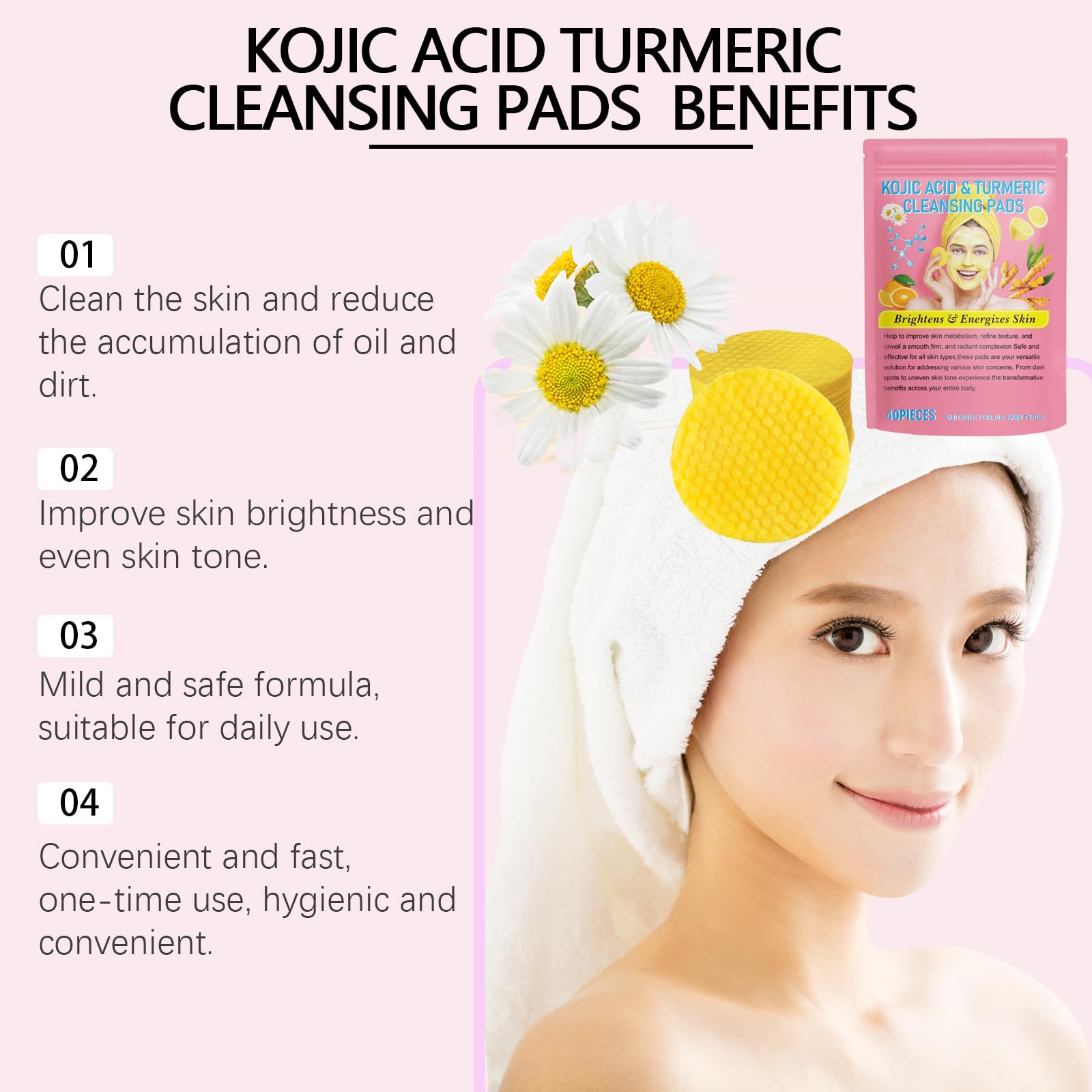 eveloria Turmeric Kojic Acid Cleansing Pads, Vitamin B5, Vitamin C Helps Balance Skin, 40 Sugar Turmeric Cleansing Pads for Face