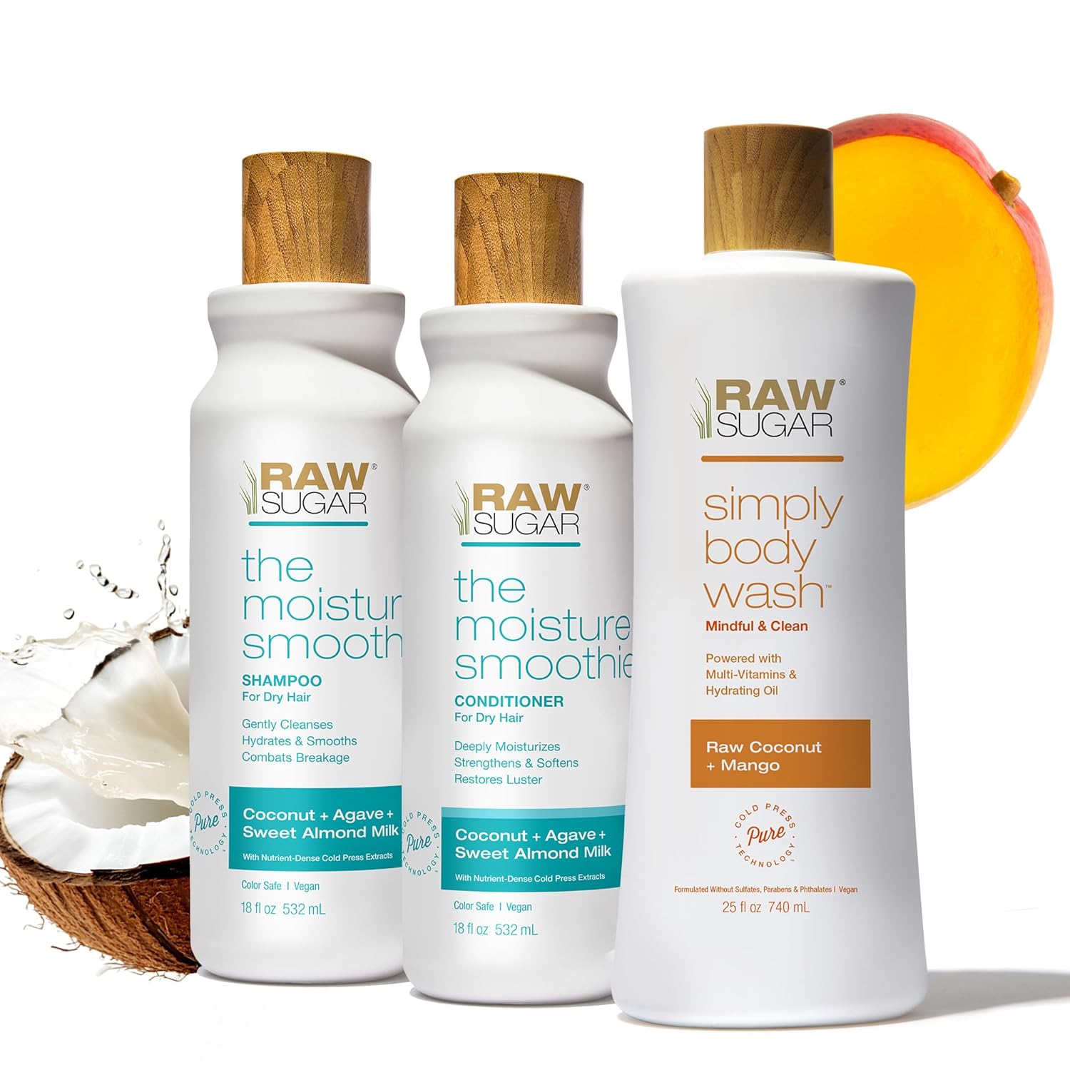 Raw Sugar Moisture Smoothie Shampoo and Conditioner Set, Moisturize & Nourish Dry Hair, Bulk Shampoo and Conditioner with Coconut Oil, Agave & Sweet Almond Oil, Formulated without Sulfates & Parabens