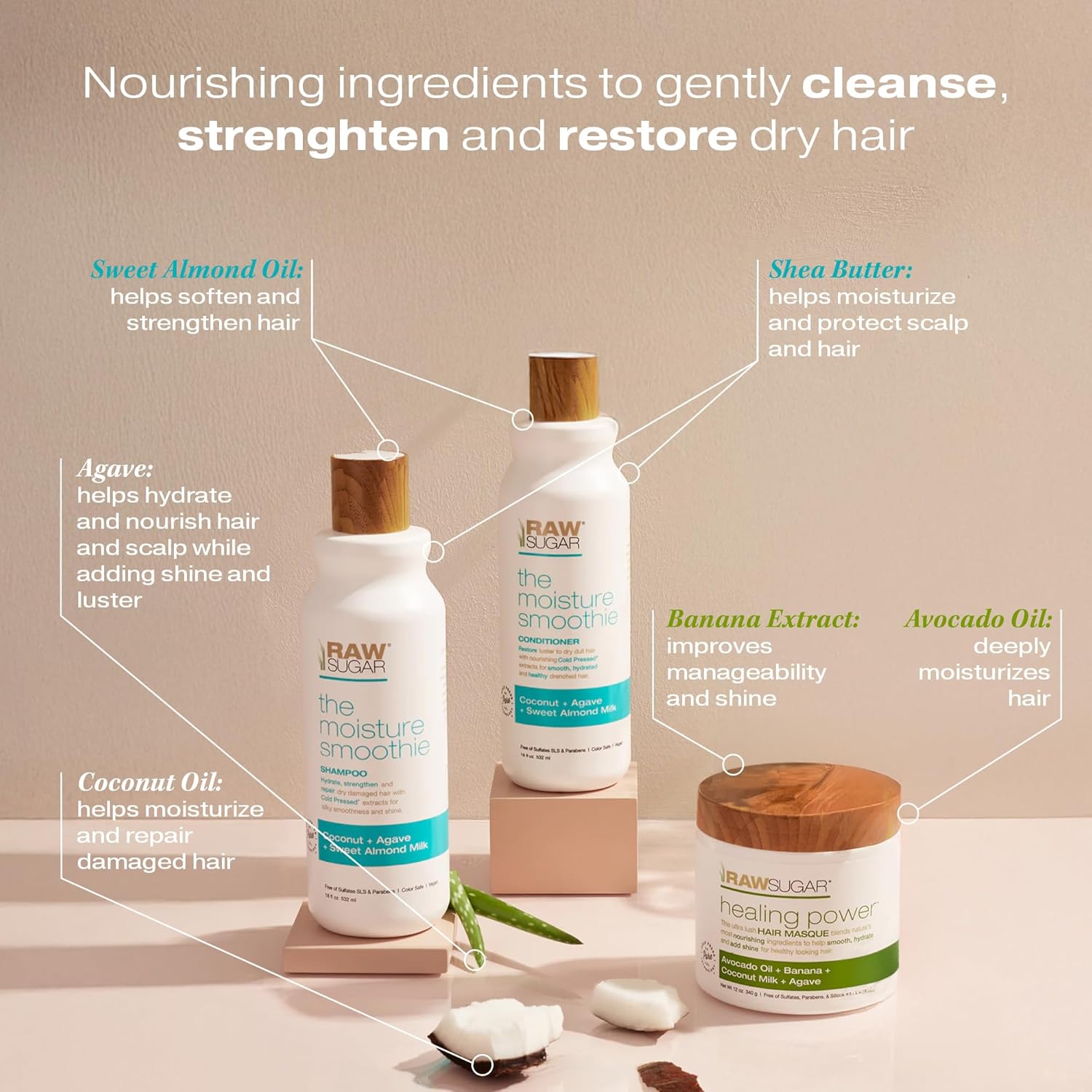 Raw Sugar Moisture Smoothie Shampoo and Conditioner Set, Moisturize & Nourish Dry Hair, Bulk Shampoo and Conditioner with Coconut Oil, Agave & Sweet Almond Oil, Formulated without Sulfates & Parabens