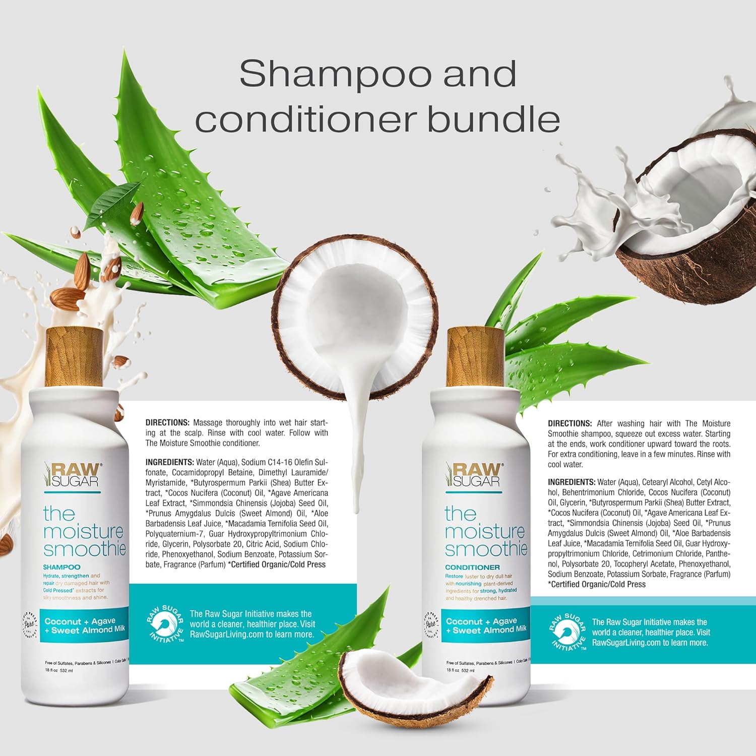 Raw Sugar Moisture Smoothie Shampoo and Conditioner Set, Moisturize & Nourish Dry Hair, Bulk Shampoo and Conditioner with Coconut Oil, Agave & Sweet Almond Oil, Formulated without Sulfates & Parabens