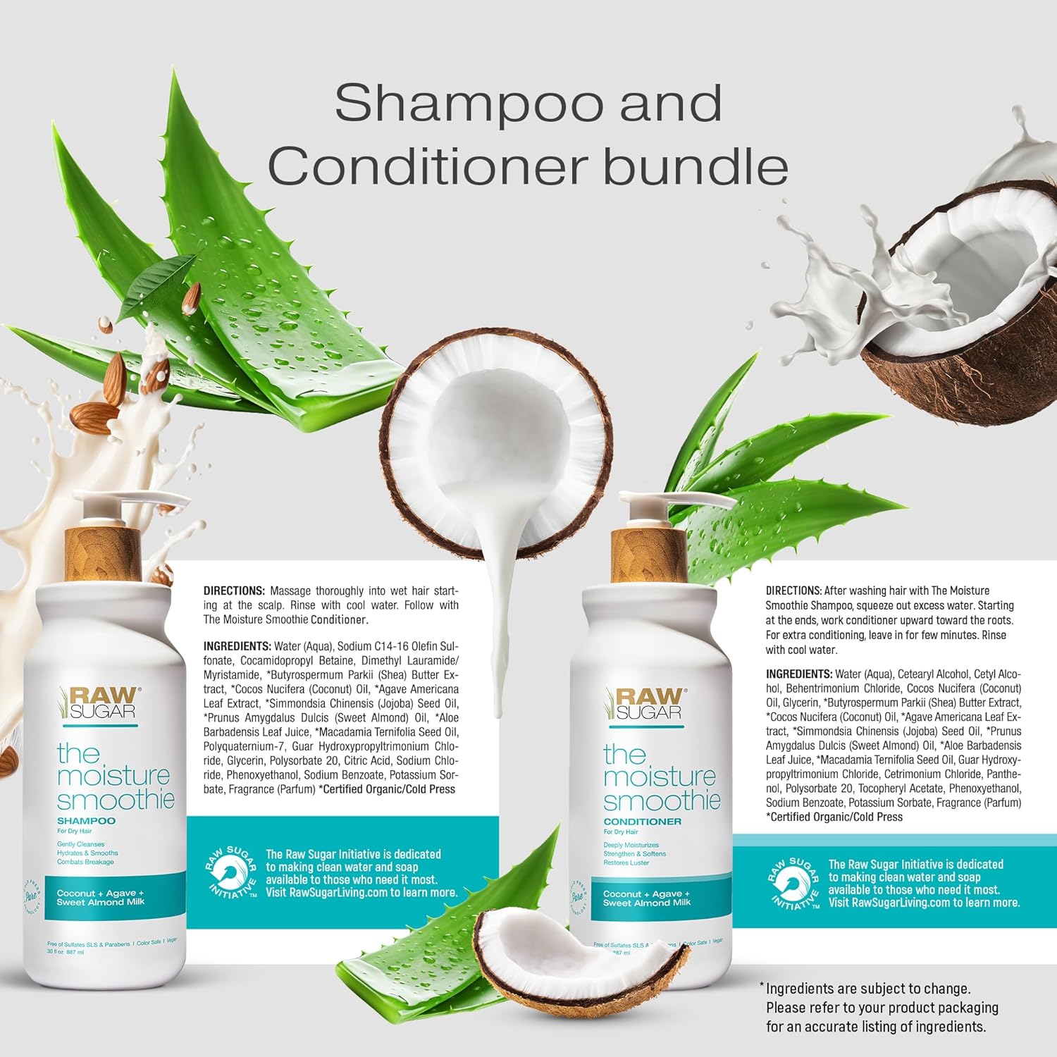 Raw Sugar Moisture Smoothie Shampoo and Conditioner Set, Moisturize & Nourish Dry Hair, Bulk Shampoo and Conditioner with Coconut Oil, Agave & Sweet Almond Oil, Formulated without Sulfates & Parabens